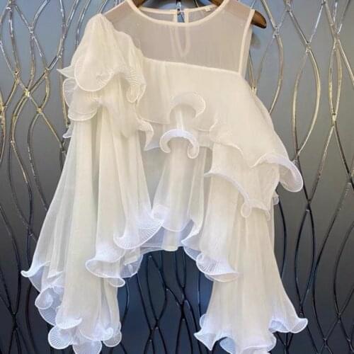 Sweet Ladies White Chiffon Shirts Women Sexy Off Shoulder Sleeve Pleated Ruffled Cake Blouses Korean Camicia Elegant Blusas Tops
