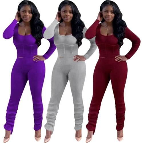 Activewear Womens Set Casual Long Sleeve T-shirts And High Waist Flare Stacked Pants Matching Set Fitness Two Piece Outfits