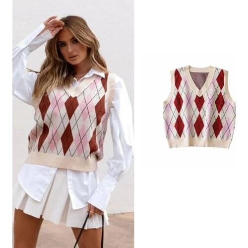 Summer womens loose and thin contrast color sleeveless Knitted Top fresh college style V-neck Korean vest vest dlsy1861