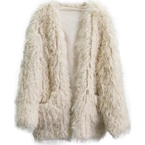 Women Long Sheep Fur Coat winter outwear fashion female pocket jacket warm winter cold weather new arrive lamb fur knitted coat