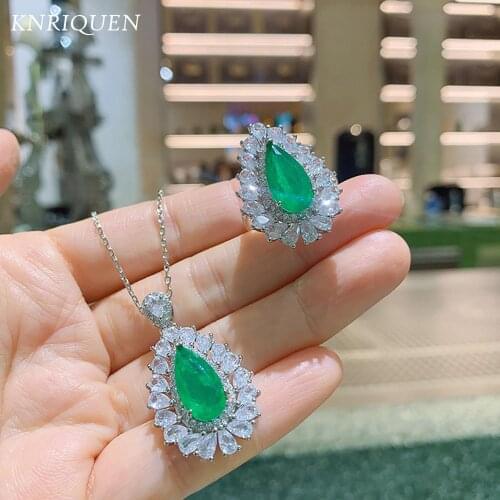 2021 Trend 925 Sterling Silver Water Drop 8*16MM Emerald Gemstone Pendant Necklace Rings for Women Lab Diamond Jewelry Sets Gift