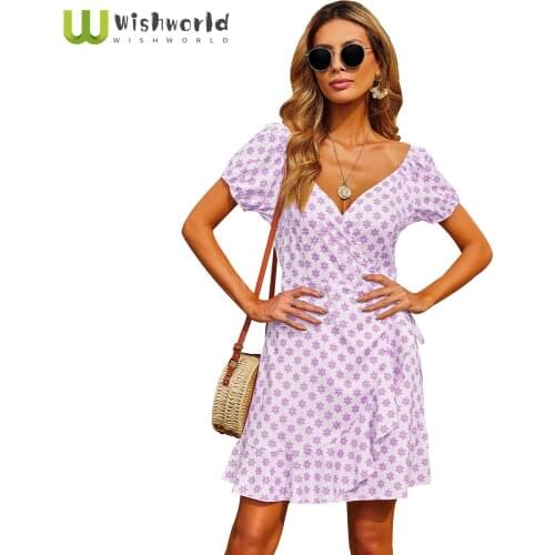 Wishworld 2021 Summer New Ruffle Print V-neck Waist Temperament Dress Fashion Women Sundress Sexy Club Dress Simplicit clothing