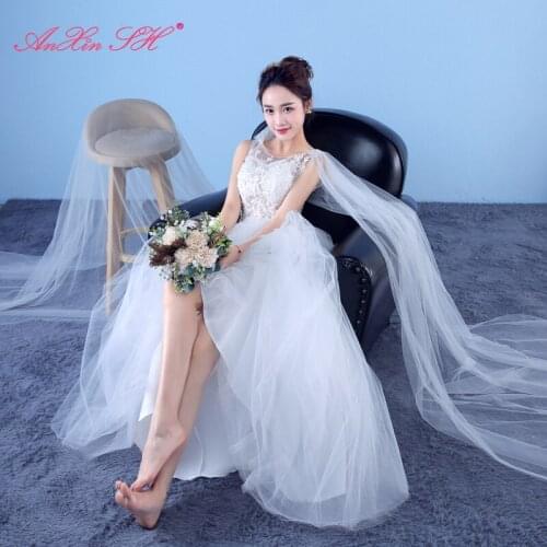 AXJFU princess flower lace white wedding dress party vintage o neck ruffles sleeveless illusion ball gown wedding dress