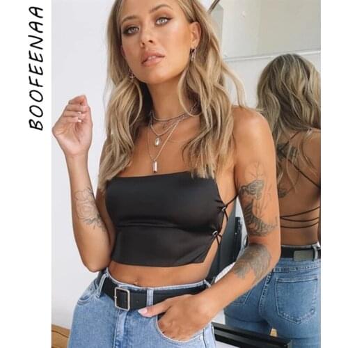 BOOFEENAA Sexy Strappy Halter Backless Crop Top Rave Festival Clubwear Satin Cropped Tank Tops Women Summer 2020 C85-H54