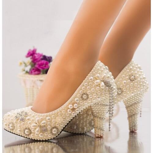Handcraft Ivory High Heel Platforms Prom Party Shoes Summer Rhinestone Wedding Shoes Bride Pearl Crystal Dress Shoes