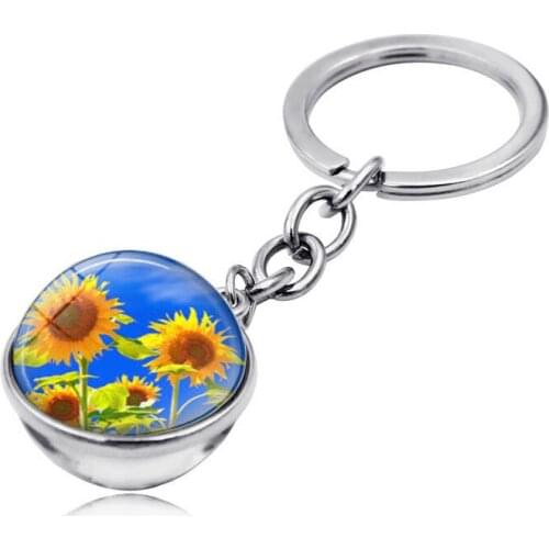 Harajuku Style Keychain Jewelry with Silver Color Sunflower Pattern Glass Ball Double Side Car Keychain Ring for Men Women