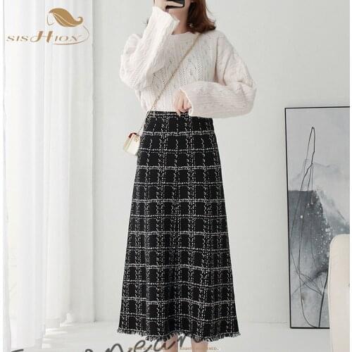 Elegant Knitted Plaid Long Skirt Women 2021 Autumn Winter Fashion Black A Line High Waist Skirt Female with Tassel Ladies VD2291