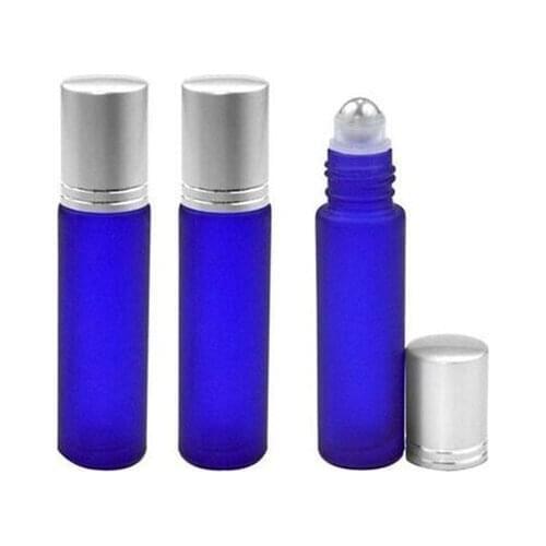 Blue 10ml Frosted Glass Roll On Essential Oils Perfume Bottles W/ Stainless Steel Roller Ball 500pcs/lot