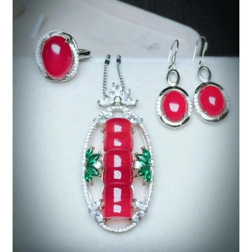 Fine jewelry 925 Mosaic Natural green Bamboo SectionChalcedony Pendant Ring Earrings Jewelry set free shipping with box