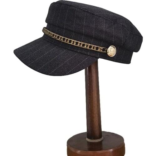 Military Hats For Women Autumn Sailor Hat Black Stripe Flat Top Cap Female Travel Cadet Hat Retro Chain Beret Casual Captain Cap