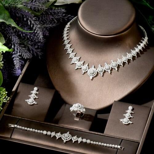 HIBRIDE Micro Paved Cubic Zirconia Jewelry White Gold Color Pendant Necklace Earring Sets For Women Wedding Accessories N-1818