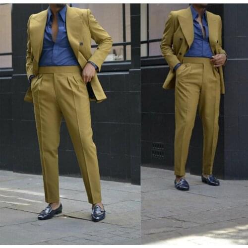 Handsome Double Breasted Mens Wedding Tuxedos For Groom Slim Fit Peaked Lapel Best Man Wear Party Prom Blazer Suit(Jacket+Pants)