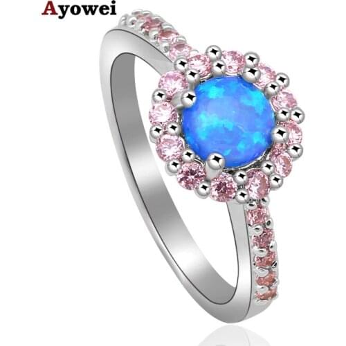 Beautiful pink crystal fashion jewelry for Ladies Blue fire Opal Silver Stamped Rings USA Size #7#8#9#10 OR713A