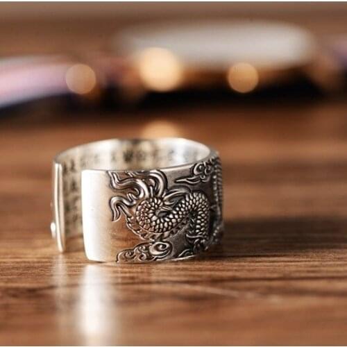 S925 Real Silver Rings For Men Women Pixiu Coin Dragon Pattern Individually Open Ring US 8-10