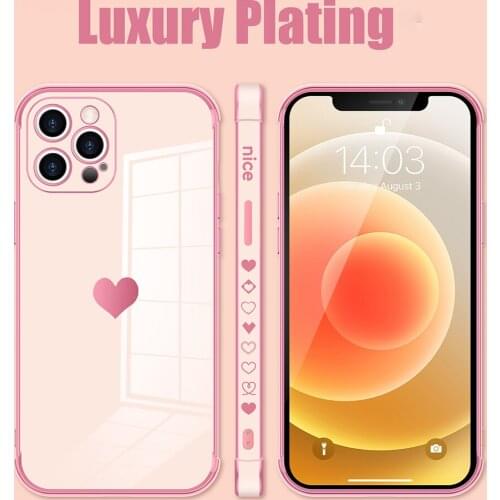 Plating Love Heart Soft Phone Case For iPhone 11 12 Pro Max XS Max X XR 7 8 Plus SE 2020 Shockproof Corners Square Bumper Cover