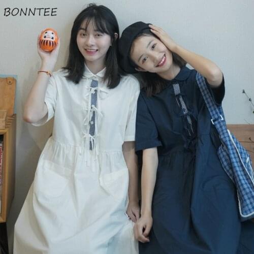 Dress Women Harajuku Patchwork Short Sleeve Bandage Baggy Preppy Style Summer Cute Girls Casual Midi Dresses Girlfriend Fashion