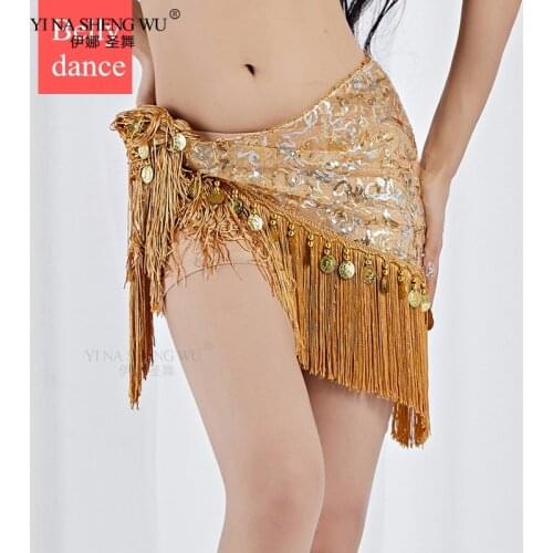 Belly Dance Hip Scarf with Coins New Women Dance Top Wear Accessories Fringes Mesh Sequins Base Triangle Belt (Gold/silver) New