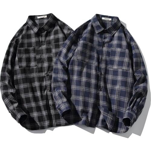 Brand 2021 Spring Autumn Long Sleeves New Flannel Collar Korea STYLE Shirt For Mens Plaid Harajuku Clothing