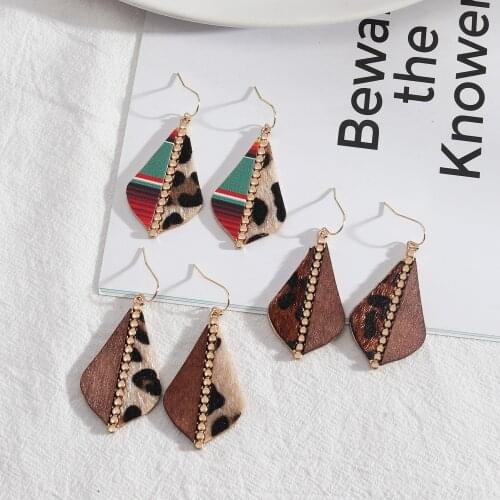 Splicing Leopard Wood Grain Pattern Wooden PU Leather Earrings Gold Color Dangle Brincos Pendientes Fashion Brand Jewelry Women