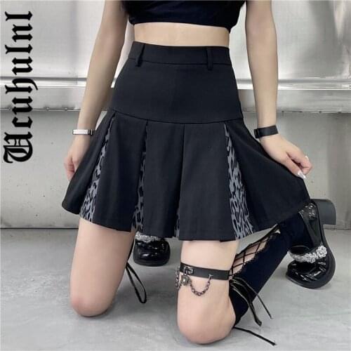 Ucuhulnl Emo Alt Gothic Skirt Women Harajuku Streetwear Grunge Leopard Patchwork High Waist Pleated Skirt Punk Pastel Goth Skirt
