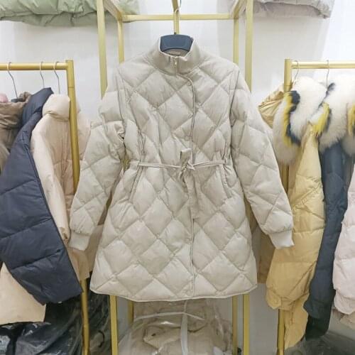 Women jacket New down s long stand collar slim waist tie white duck down early winter coat can customized big size