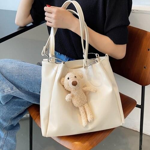 Cute Bear SOFT Leather Tote Bags for Women Large White Shoulder Bag Ladies Casual Designer Messenger Bag Simple Shopper Handbags