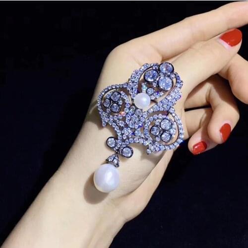 Natural fresh water pearl brooch vintage victoria palace 925 sterling silver with cubic zircon fine women jewelry