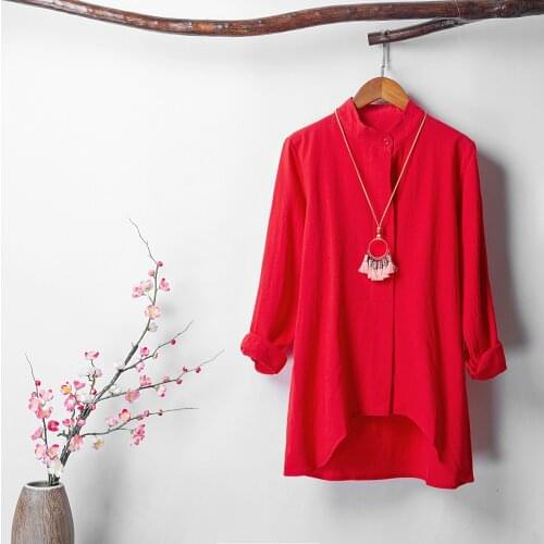 Anself Autumn Women Vintage Cotton Linen Shirt Solid Stand Collar Long Sleeve Button Loose Outwear For Work Elegant Basic Tops
