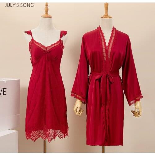 JULYS SONG Women 2 Pieces Pajamas Set Silk Soild Color Sexy Pajamas Lace Long Sleeve Spring Summer Female Sleepwear Nightdress