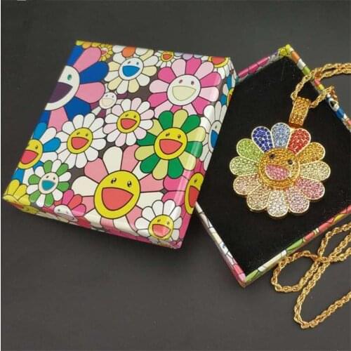 2pcs Iced Out Cubic Zircon Sunflower Pendant Fashion Designer Flower Colorful Petal Smiley Hip Hop Rotating Necklace With Box