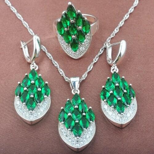 Noble Green Zirconia Jewelry Set For Women Weedding Silver Color Ring Necklace And Earrings Set TZ0589