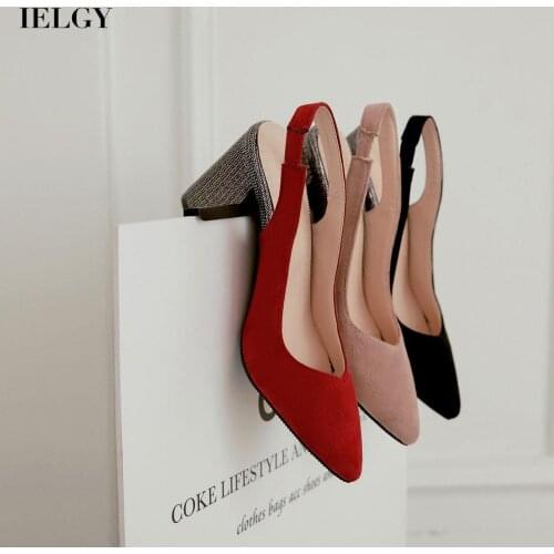 IELGY suede Womens sandals shallow mouth Slip-on pointed toe mid heel large size solid color thick heel non-slip