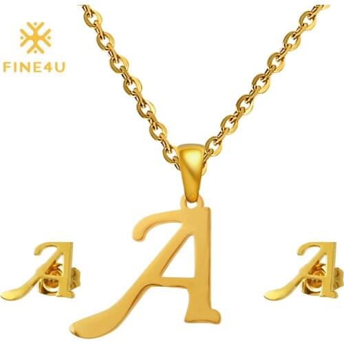 FINE4U N104 Wedding 26 Letters Necklace & Earrings Sets 316L Stainless Steel Bridal Jewelry Sets Women Alfabet Initial Necklace