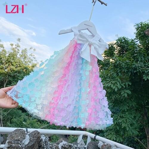 LZH Summer Fashion Flower Dress For Childrens Clothing Rainbow Dress For Girls Clothes Bow Kids Costume 2021 Baby Girls Dresses