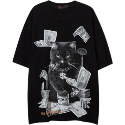 ZuoLunOuBa Summer Cotton Women T Shirt Loose Long Black Lady Tees Print Harajuku Wore Usd Necklace Persian Cat Retro Tops Female