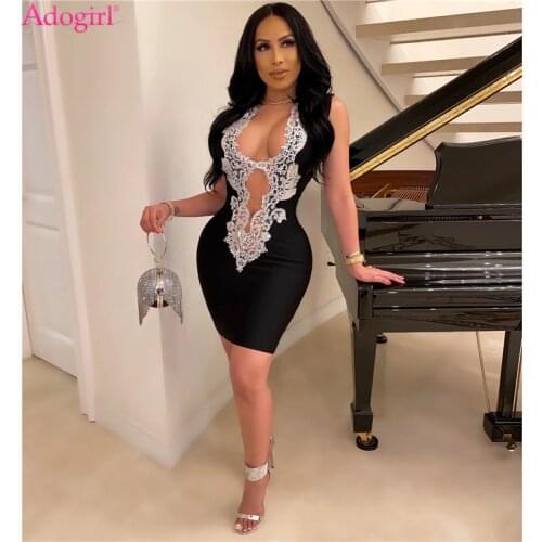 Adogirl Sheer Mesh Patchwork Lace Embroidery Mini Dress Women Fashion Sexy Deep V Neck Sleeveless Bodycon Night Club Party Dress