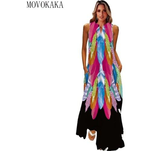 MOVOKAKA Fashion Feather Print Dress 2021 Sleeveless Plus Size Long Dresses Summer Woman Casual Girls Beach Maxi Dress For Women