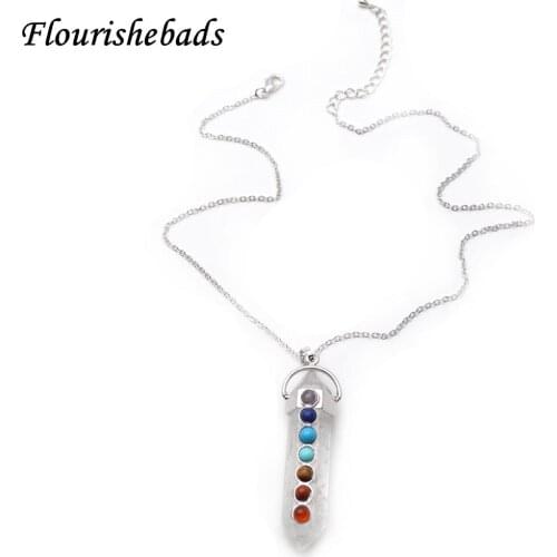 Natural Clear Quartz Stone Pillar Point with 7 Different Stones Chakra Pendant Linked Chains Necklace Fashion Energy Jewelry