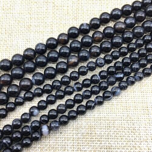 Wholesale Stone Bead 4 mm 6 mm 8 mm 10 mm 12 mm Black Line Stripe Agates Round Smooth Loose 15" DIY For Making Jewelry Supplies