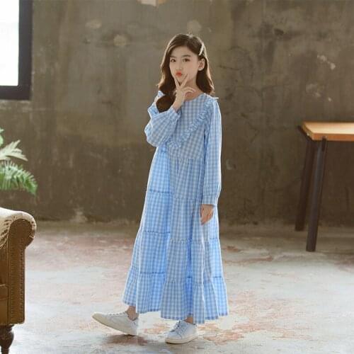 2021 Spring Korean Style Kids and Teen Girls Elegant Long Style Plaid Dress Children Cotton Loose Casual Clothing Fahion, #9406