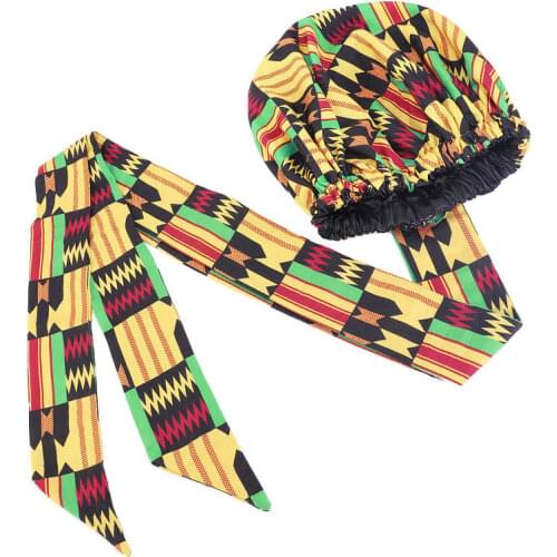 Women African Ankara Pattern Satin Lined Bonnet Beanie Long Ribbon Head Wrap Double Layer Hair Scarf Big Size Adult Hair Cover