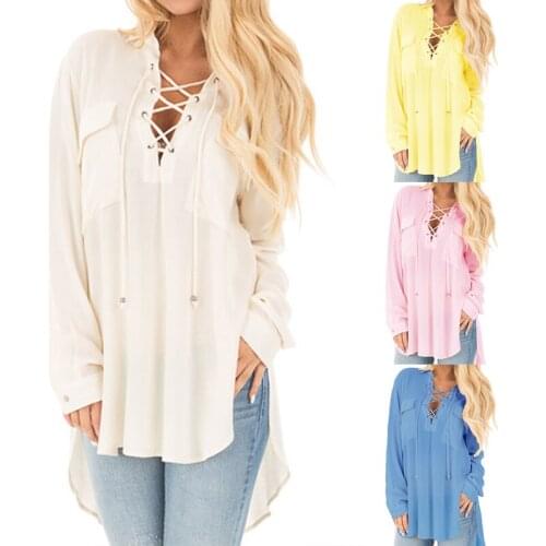 Womens Long Sleeve Lace Up Shirt Ladies Loose Casual Party Blouse Tops T-shirt