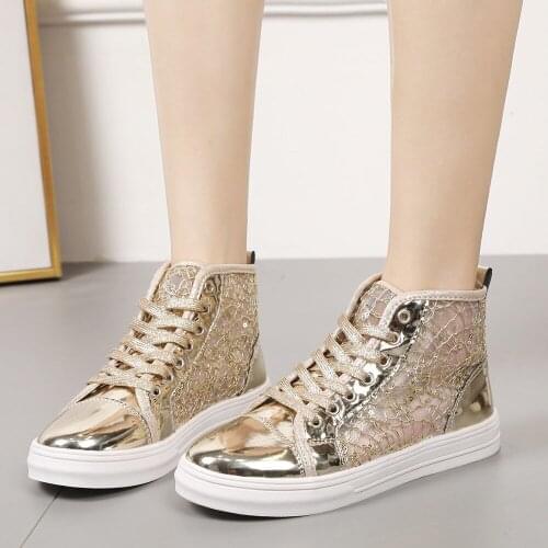 Silver gold Women Wedge Platform Sneakers women shoes High heels Lace Up Shoes Pointed Toe Height Increasing Creepers