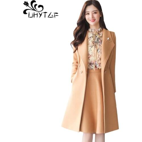 UHYTGF Autumn winter sets women Fashion Woolen Coat with Chiffon Shirt Skirt Three-piece suit High Quality Woolen sets women 440