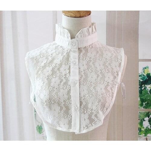 Front Tie White Fake Collar Stand Beads Detachable Collar Fake Women Vintage Crystal Lace Ladies False Blouse Collar Half Shirt