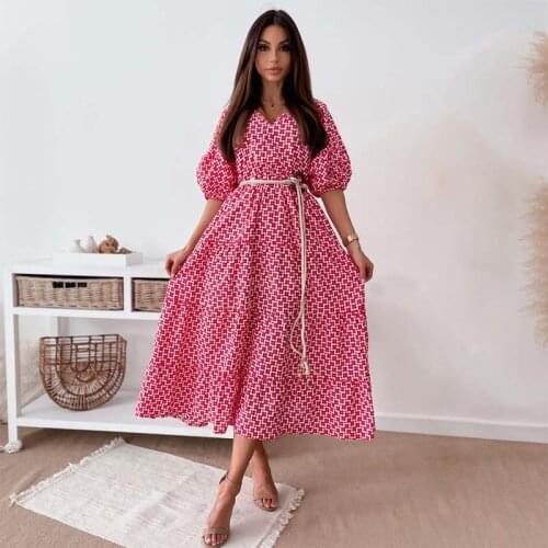 Summer Dress Women 2021 Print Lantern Sleeve V-neck Big Swing Elegant Party Bandage Dress Casual Loose Beach Dress Vestido Robe