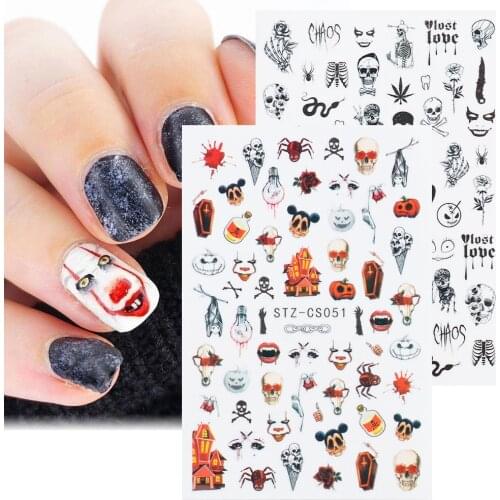 10pcs/ Set 2021 New Nail Art Halloween Sticker Adhesive Color Pumpkin Zombie Skull Series with Golden Maple Leaf