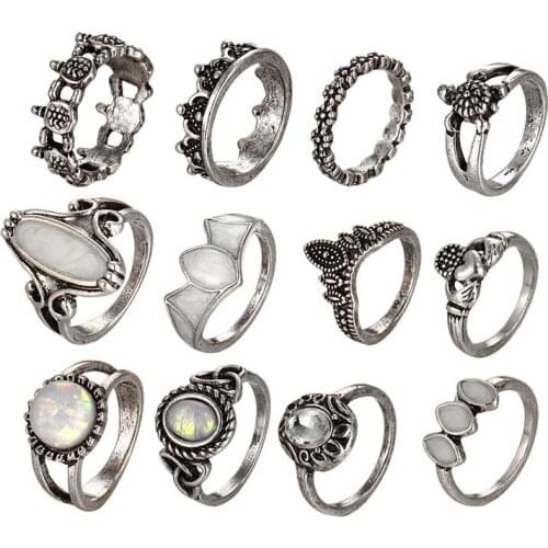 12 Pcs/Set Animal Tortoise Punk Stone Midi Knuckle Rings Set For Women Boho Crystal Ring Beach Party Vintage Wedding Jewelry