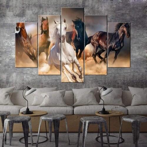 5 Horse Battlefield Ride Paintings of Running Wild Animal Picture Vintage Running in The Desert White Brown Horse Drop Shipping