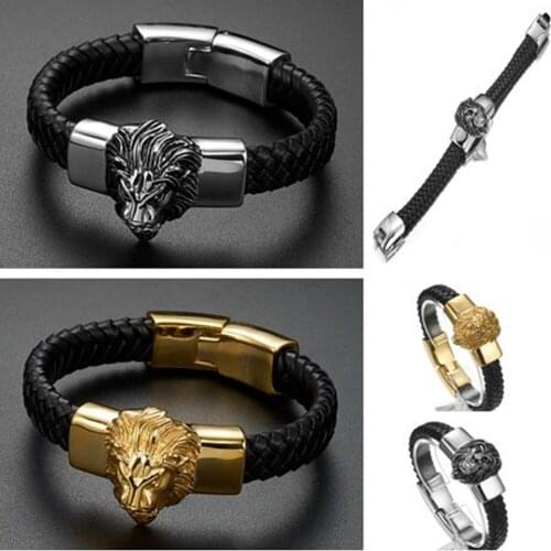 8.66" 15mm Handmade Braided Genuine Leather Stainless Steel Silver Color/Gold Lion head Biker Jewelry Mens Bracelet Bangle